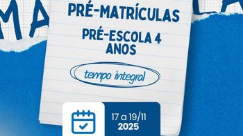 <p>PER&Iacute;ODO DE PR&Eacute;-MATR&Iacute;CULAS PARA PR&Eacute;-ESCOLA DE 4 ANOS EM TEMPO INTEGRAL INICIA EM 17 DE NOVEMBRO</p>