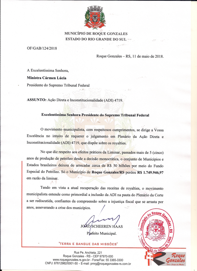 PREFEITO SOLICITA DEFERIMENTO SOBRE JULGAMENTO DA AÇÃO DIRETA E INCONSTITUCIONALIDADE (ADI) 4719
