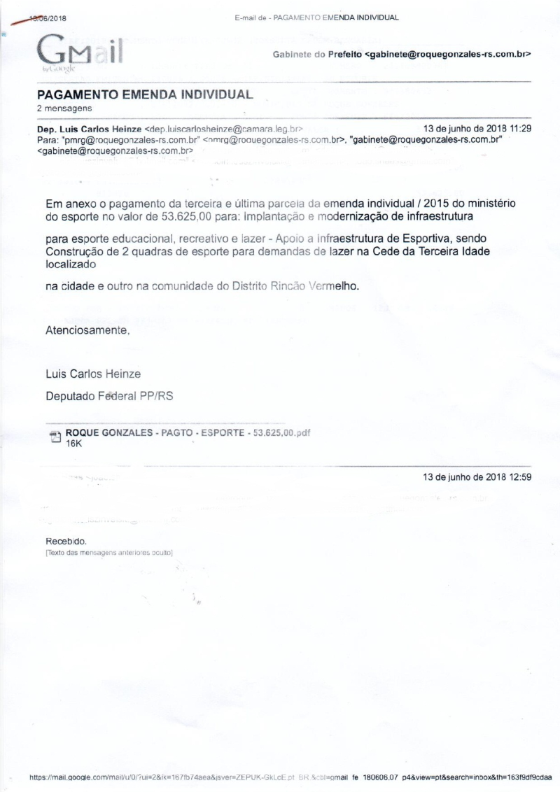 LIBERADO PAGAMENTO DA TERCEIRA PARCELA DA EMENDA PARA CONSTRUÇÃO DE QUADRAS ESPORTIVAS