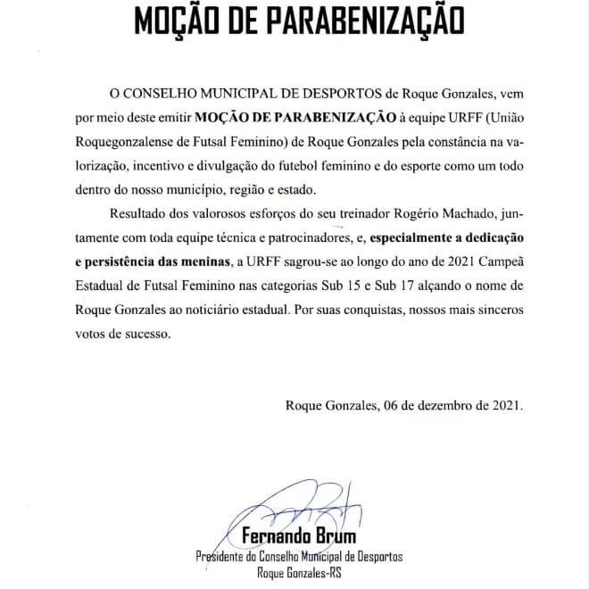 CMD ROQUE GONZALES EMITE MOÇÃO DE PARABENIZAÇÃO A EQUIPE URFF