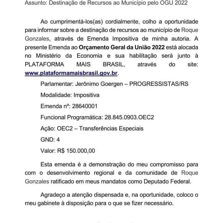 ROQUE GONZALES RECEBERÁ MAIS INESTIMENTOS