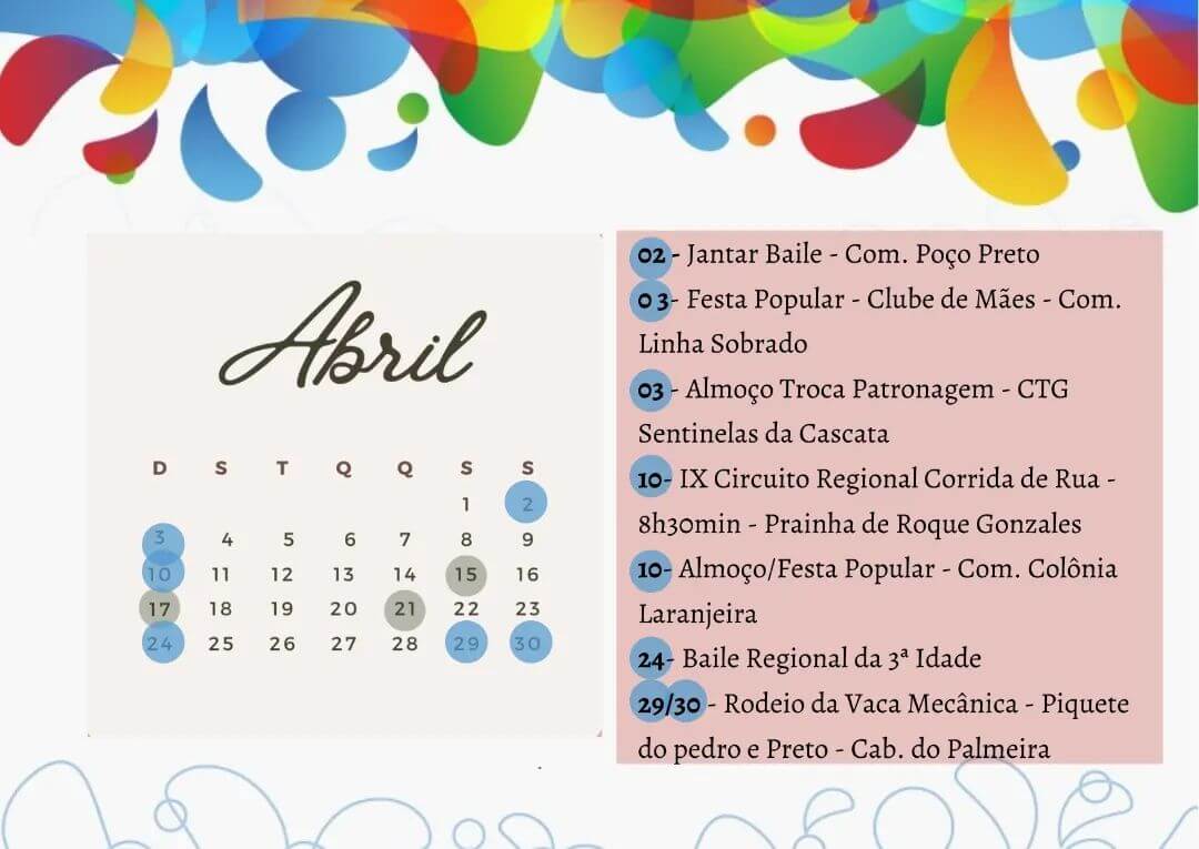 CALENDÁRIO DE EVENTOS - MÊS DE ABRIL