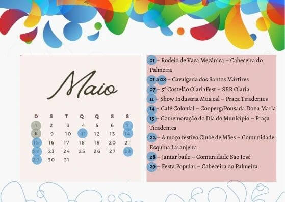 CALENDÁRIO DE EVENTOS - MÊS DE MAIO