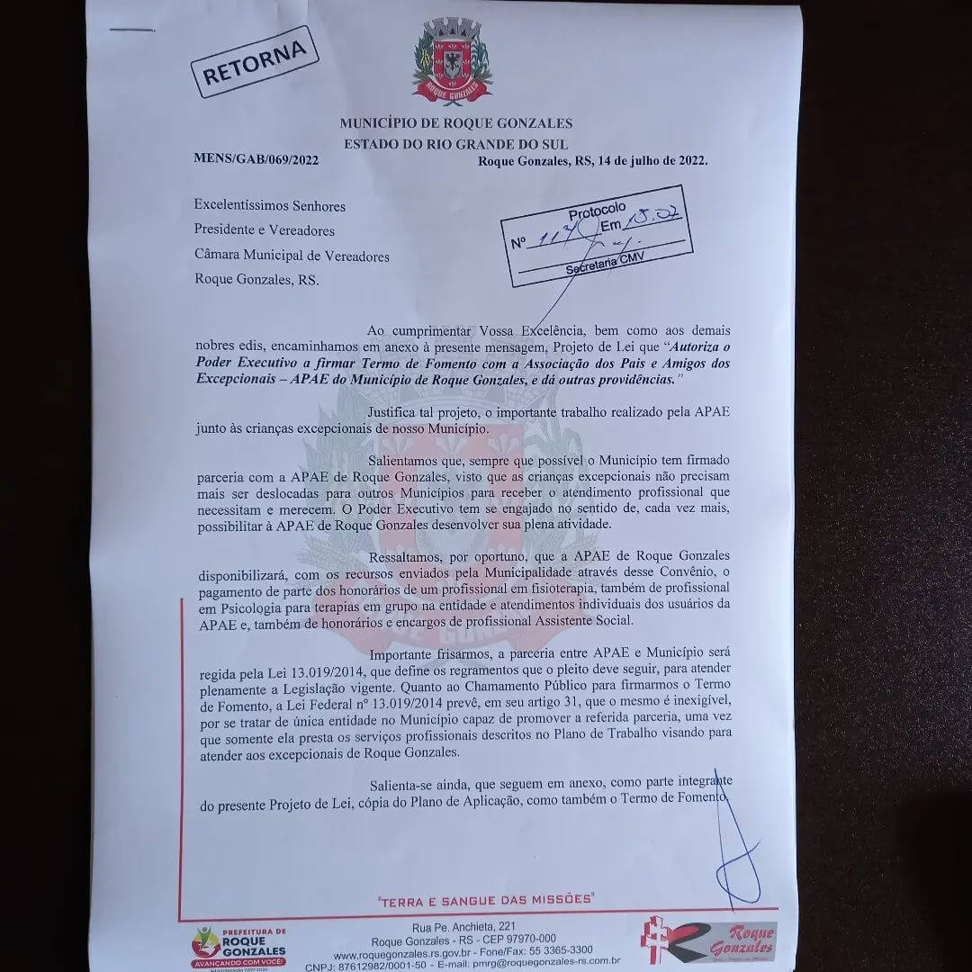 MUNICÍPIO DE ROQUE GONZALES PROTOCOLOU PROJETO DE LEI PARA FIRMAR TERMO DE FOMENTO COM A APAE DE ROQUE GONZALES.
