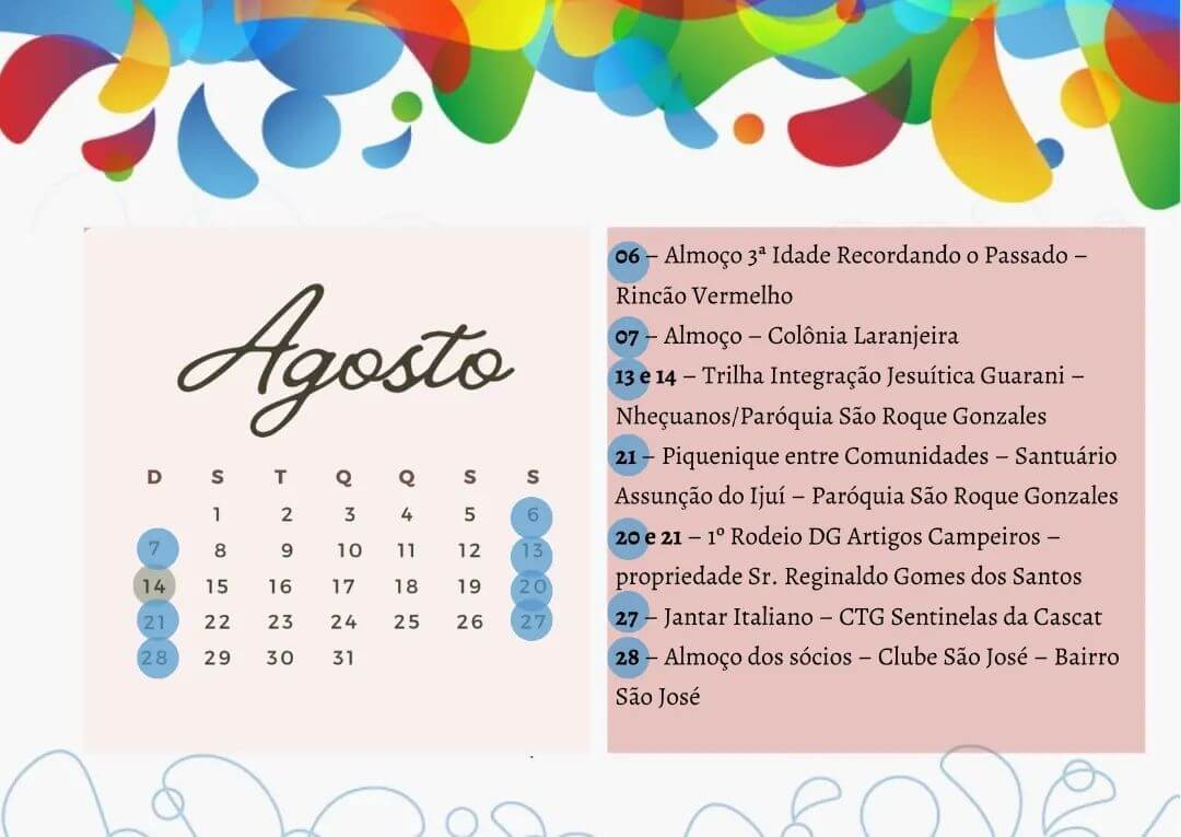 CALENDÁRIO DE EVENTOS - MÊS DE AGOSTO