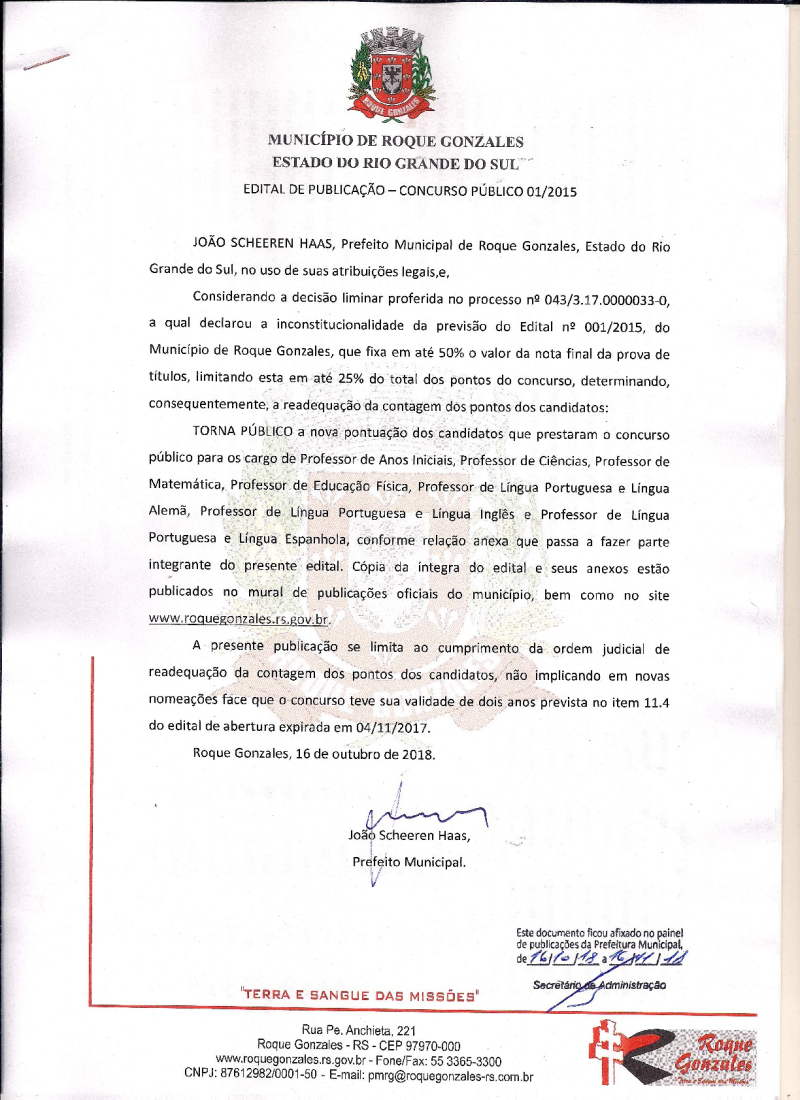 EDITAL DE PUBLICAÇÃO REFERENTE AO CONCURSO PÚBLICO N° 001/2015