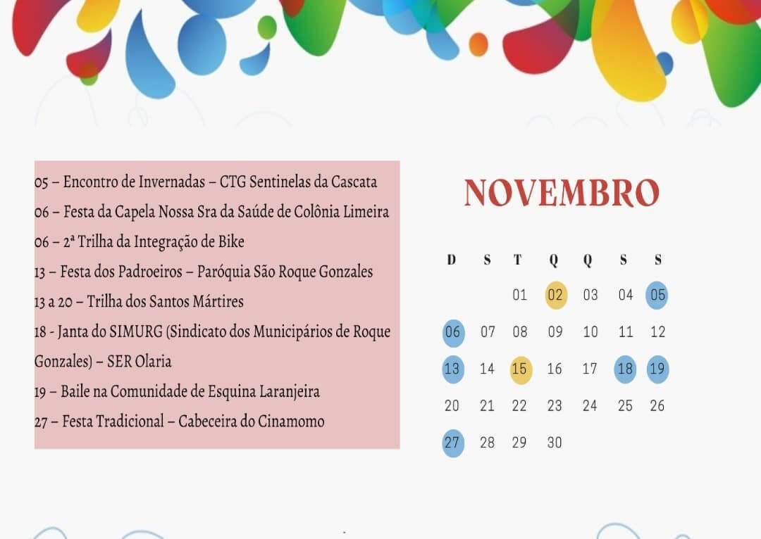 CALENDÁRIO DE EVENTOS - MÊS DE NOVEMBRO 