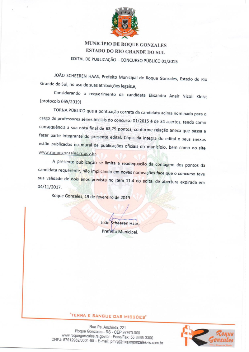 EDITAL DE PUBLICAÇÃO REFERENTE AO CONCURSO PÚBLICO N° 001/2015