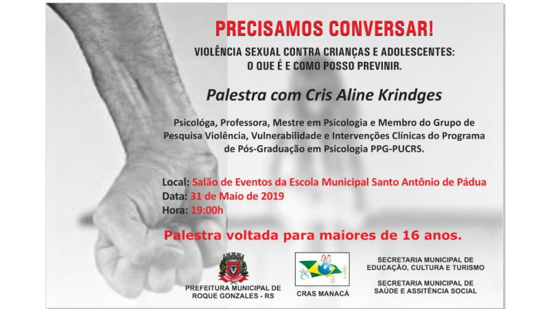VIOLÊNCIA SEXUAL CONTRA CRIANÇAS E ADOLESCENTES SERÁ TEMA DA PALESTRA DIA 31 DE MAIO 
