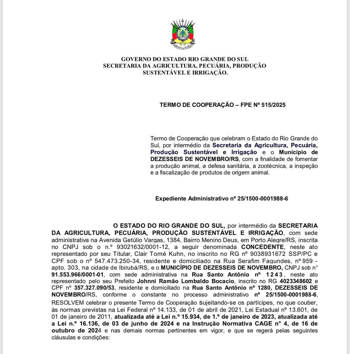 <p>Termo de coopera&ccedil;&atilde;o entre o Munic&iacute;pio de Dezesseis de Novembro e o Governo do Estado&nbsp;</p>
