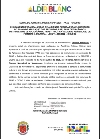 <p>Aviso de Audi&ecirc;ncia P&uacute;blica PNAB CICLO 2</p>