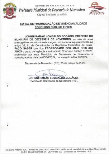 <p>Edital de Prorroga&ccedil;&atilde;o de Vig&ecirc;ncia/Validade Concurso P&uacute;blico 01/2023</p>
