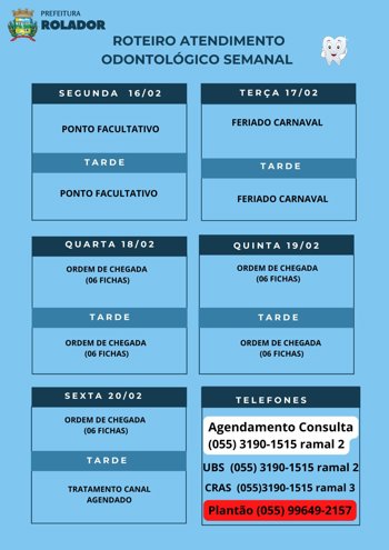 <p><strong>ROTEIRO M&Eacute;DICO E ODONTOL&Oacute;GICO SEMANAL - SECRETARIA DE SA&Uacute;DE - ROLADOR/RS</strong></p>