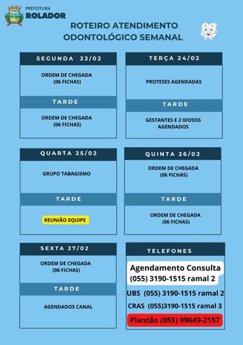 <p><strong>ROTEIRO M&Eacute;DICO E ODONTOL&Oacute;GICO SEMANAL - SECRETARIA DE SA&Uacute;DE - ROLADOR/RS</strong></p>