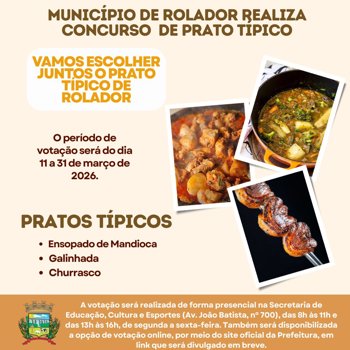 <p><strong>🌿🍲 ROLADOR REALIZA CONCURSOS PARA ESCOLHA DO PRATO T&Iacute;PICO E DA &Aacute;RVORE S&Iacute;MBOLO DO MUNIC&Iacute;PIO 🌳✨</strong></p>