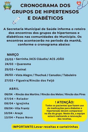 <p>📢 <strong data-start="81" data-end="134">CRONOGRAMA DOS GRUPOS DE HIPERTENSOS E DIAB&Eacute;TICOS</strong></p>