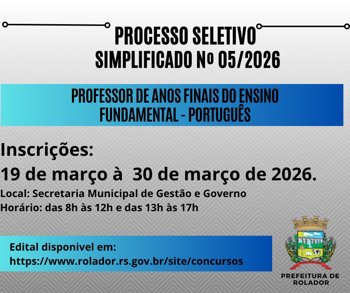 <p>AVISO DE ABERTURA PROCESSO SELETIVO SIMPLIFICADO (PSS), DESTINADO &Agrave; CONTRATA&Ccedil;&Atilde;O TEMPOR&Aacute;RIA DE PROFESSOR DE ANOS FINAIS DO ENSINO FUNDAMENTAL &ndash; PORTUGU&Ecirc;S</p>