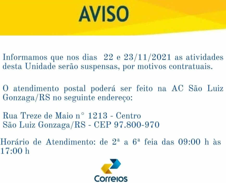AVISO ATENDIMENTO POSTO DOS CORREIOS - ROLADOR/RS