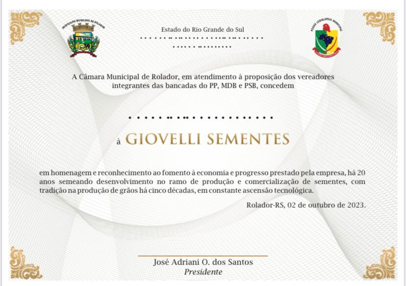 SEMENTES GIOVELLI É HOMENAGEADA