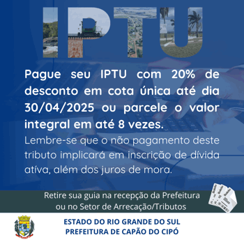 <p>IPTU 2025 DISPON&Iacute;VEL A PARTIR DE 12/03/2025</p>