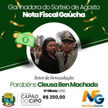 <p><strong>GANHADORA DO SORTEIO DE AGOSTO - NOTA FISCAL GA&Uacute;CHA</strong></p>