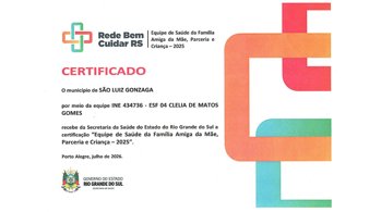 <span style="font-size: 10pt;">ESF Cl&eacute;lia de Matos Gomes recebe certifica&ccedil;&atilde;o por excel&ecirc;ncia no cuidado materno-infantil pela Rede Bem Cuidar RS</span>