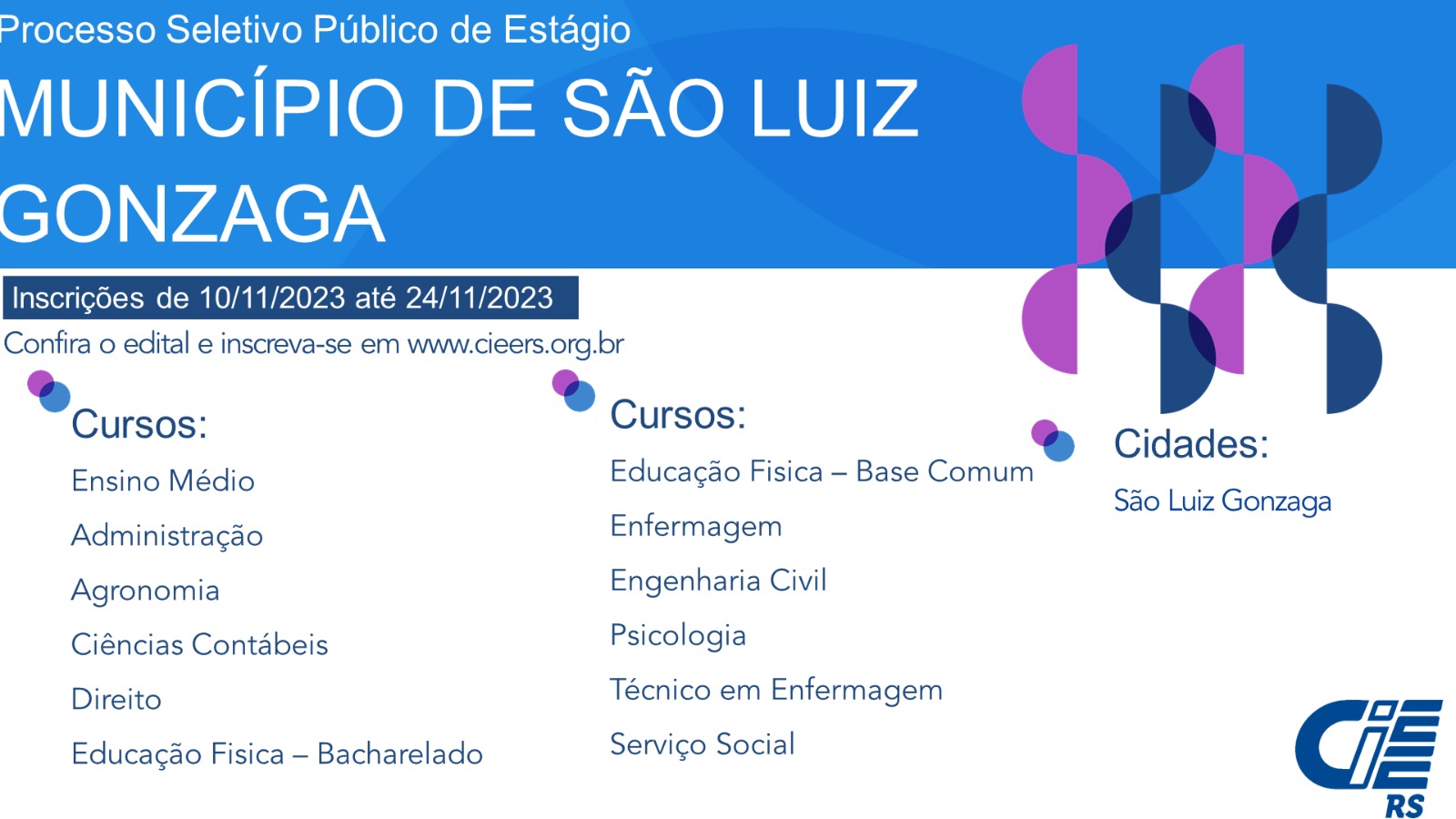 Abertas as inscrições no processo seletivo para vagas de estágio na Prefeitura de São Luiz Gonzaga   