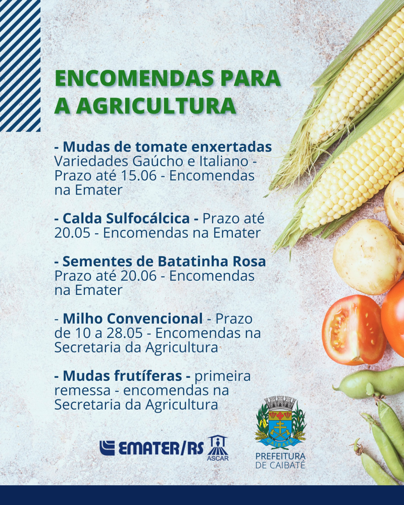 CONFIRA OS PRAZOS PARA FAZER ENCOMENDAS NA EMATER E NA SECRETARIA DA AGRICULTURA