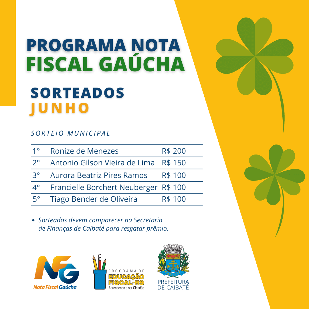 CONFIRA LISTA DE SORTEADOS DE JUNHO DO PROGRAMA NOTA FISCAL GAÚCHA 