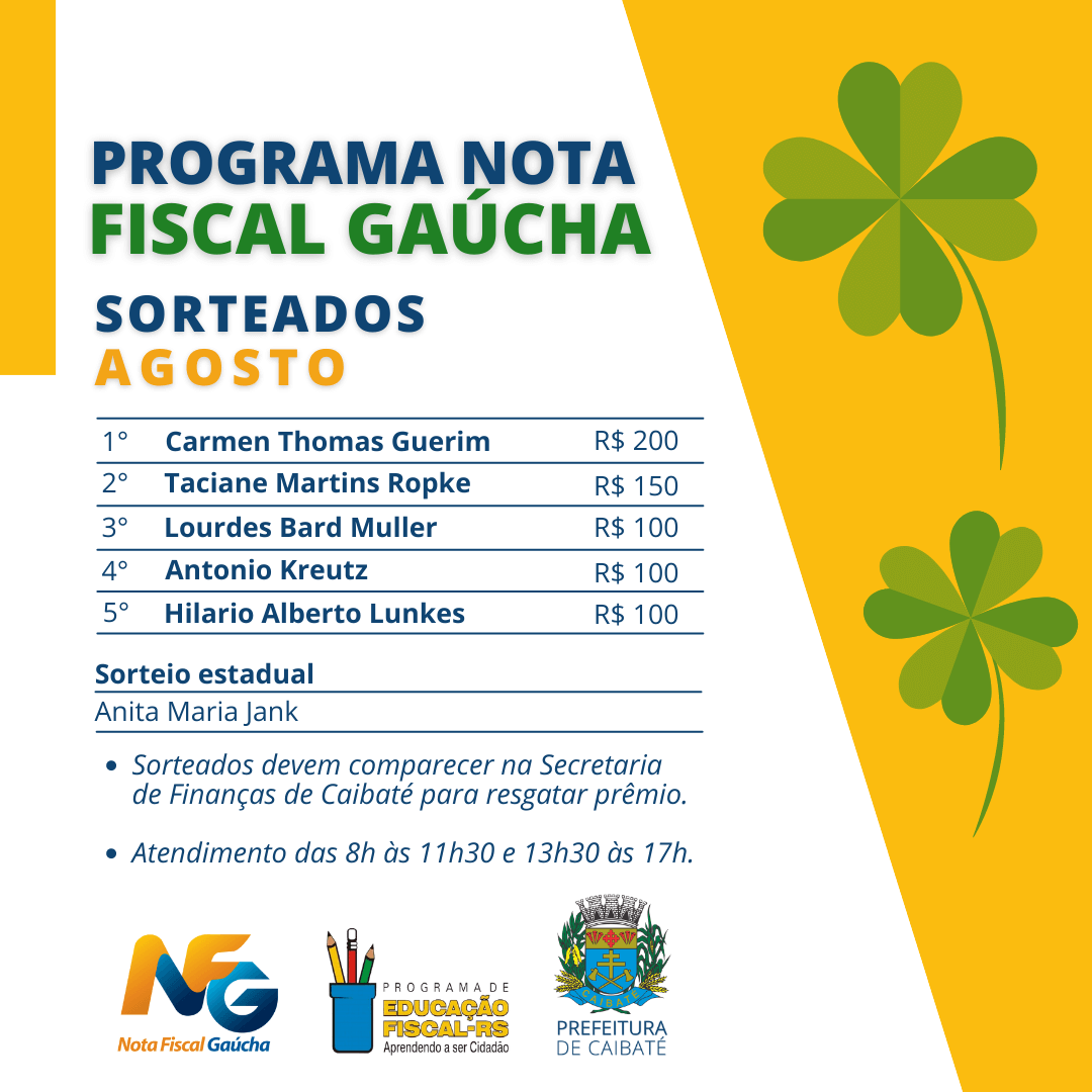 DIVULGADA LISTA DE GANHADORES DO PROGRAMA ESTADUAL NOTA FISCAL GAÚCHA