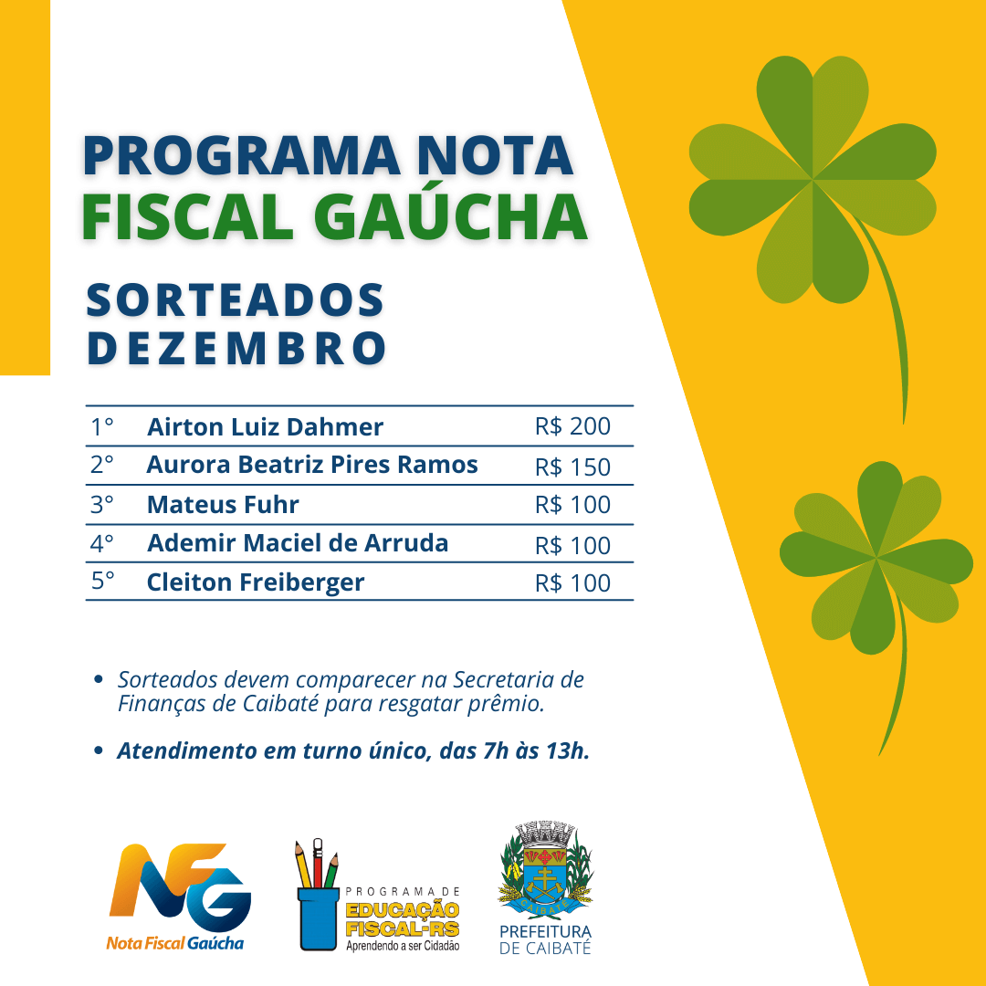 DIVULGADA LISTA DE GANHADORES DE DEZEMBRO DO NOTA FISCAL GAÚCHA 
