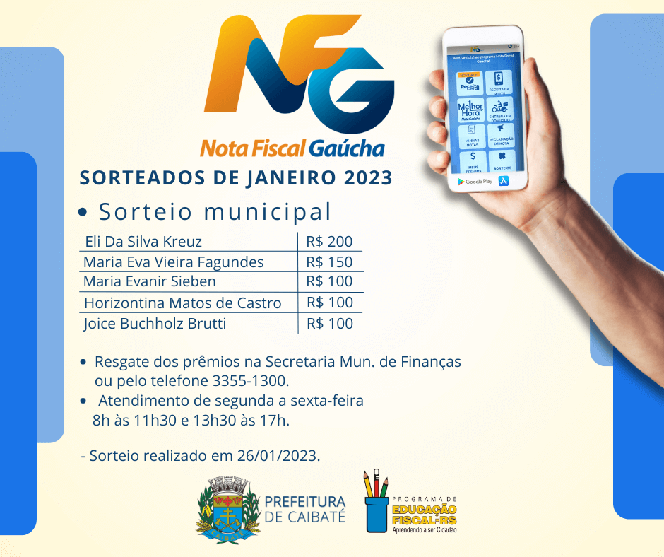 CONTEMPLADOS NOTA FISCAL GAÚCHA EXTRAÇÃO MUNICIPAL MÊS DE JANEIRO