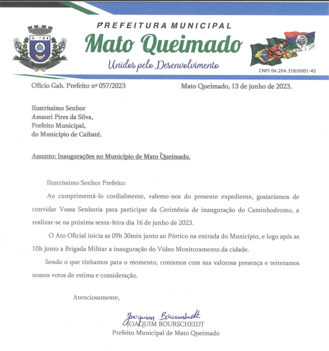 PREFEITO MUNICIPAL AMAURI PIRES DA SILVA RECEBEU CONVITE PARA PARTICIPAÇÃO DE INAUGURAÇÃO DE OBRAS EM MATO QUEIMADO