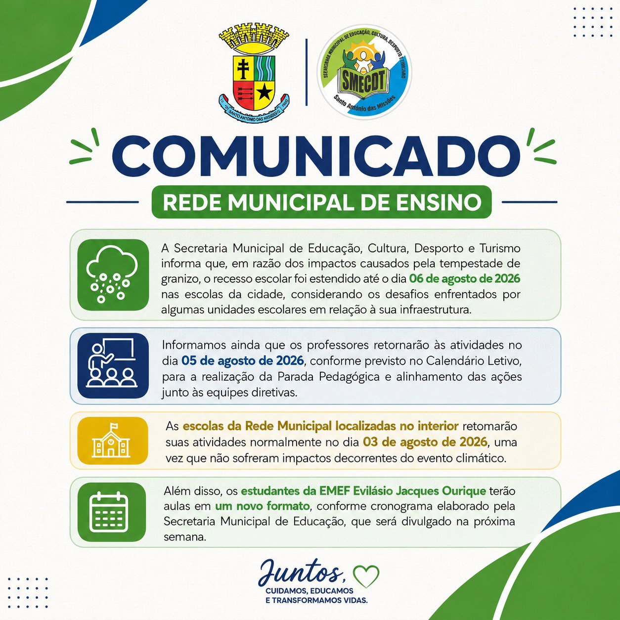 COMUNICADO OFICIAL - RETORNO DAS AULAS 
