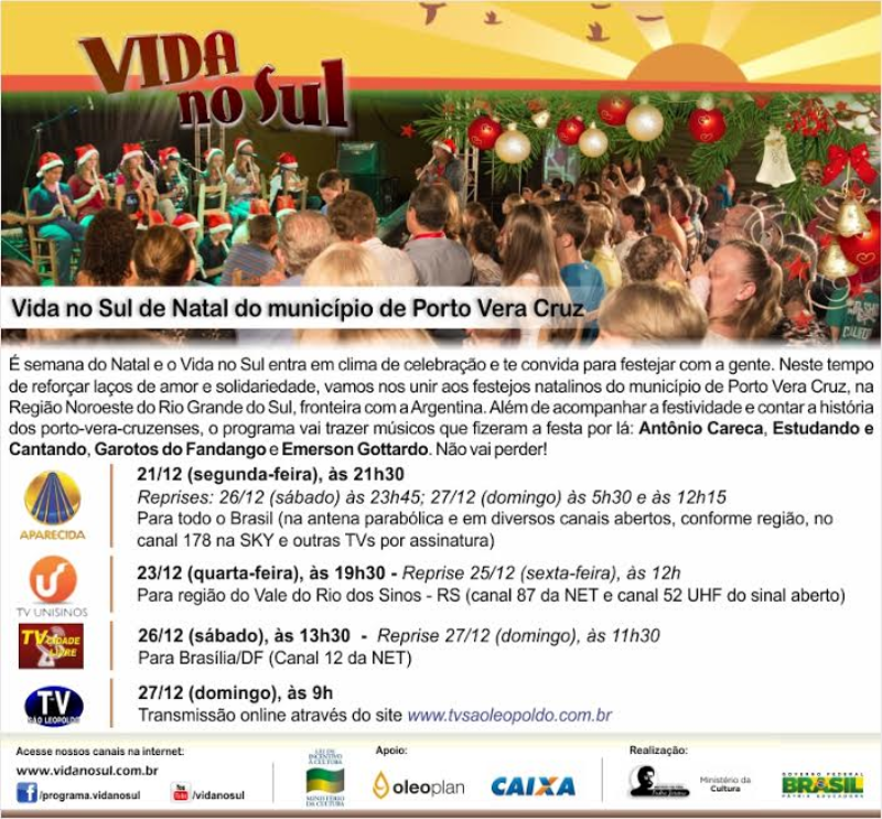 Especial de Natal na TV nacional mostrará Porto Vera Cruz