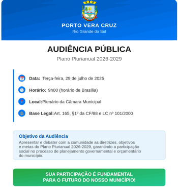 <p><span class="fontstyle0">EDITAL DE CONVOCA&Ccedil;&Atilde;O DE AUDI&Ecirc;NCIA P&Uacute;BLICA<br />ELABORA&Ccedil;&Atilde;O DO PLANO PLURIANUAL &ndash; PPA 2026-2029</span></p>