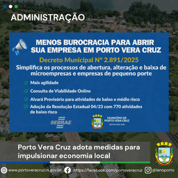 <p><strong>Prefeitura Municipal de Porto Vera Cruz &ndash; Facilitando para quem quer empreender!</strong></p>