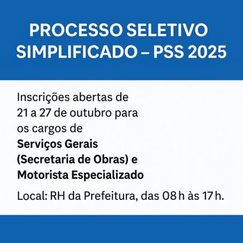 <p><span class="fontstyle0">Contrata&ccedil;&atilde;o tempor&aacute;ria de Motorista Especializado e Auxiliar de Servi&ccedil;os Gerais -&nbsp; EDITAL N&ordm; 04/2025<br />Munic&iacute;pio de Porto Vera Cruz/RS<br /></span></p>