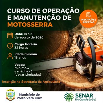 <strong>ADMINISTRA&Ccedil;&Atilde;O MUNICIPAL&nbsp;ABRE VAGAS PARA CURSO DE OPERA&Ccedil;&Atilde;O E MANUTEN&Ccedil;&Atilde;O DE MOTOSSERRA</strong>