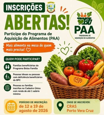 <strong>CRAS ABRE INSCRI&Ccedil;&Otilde;ES PARA O PROGRAMA DE AQUISI&Ccedil;&Atilde;O DE ALIMENTOS (PAA)</strong>