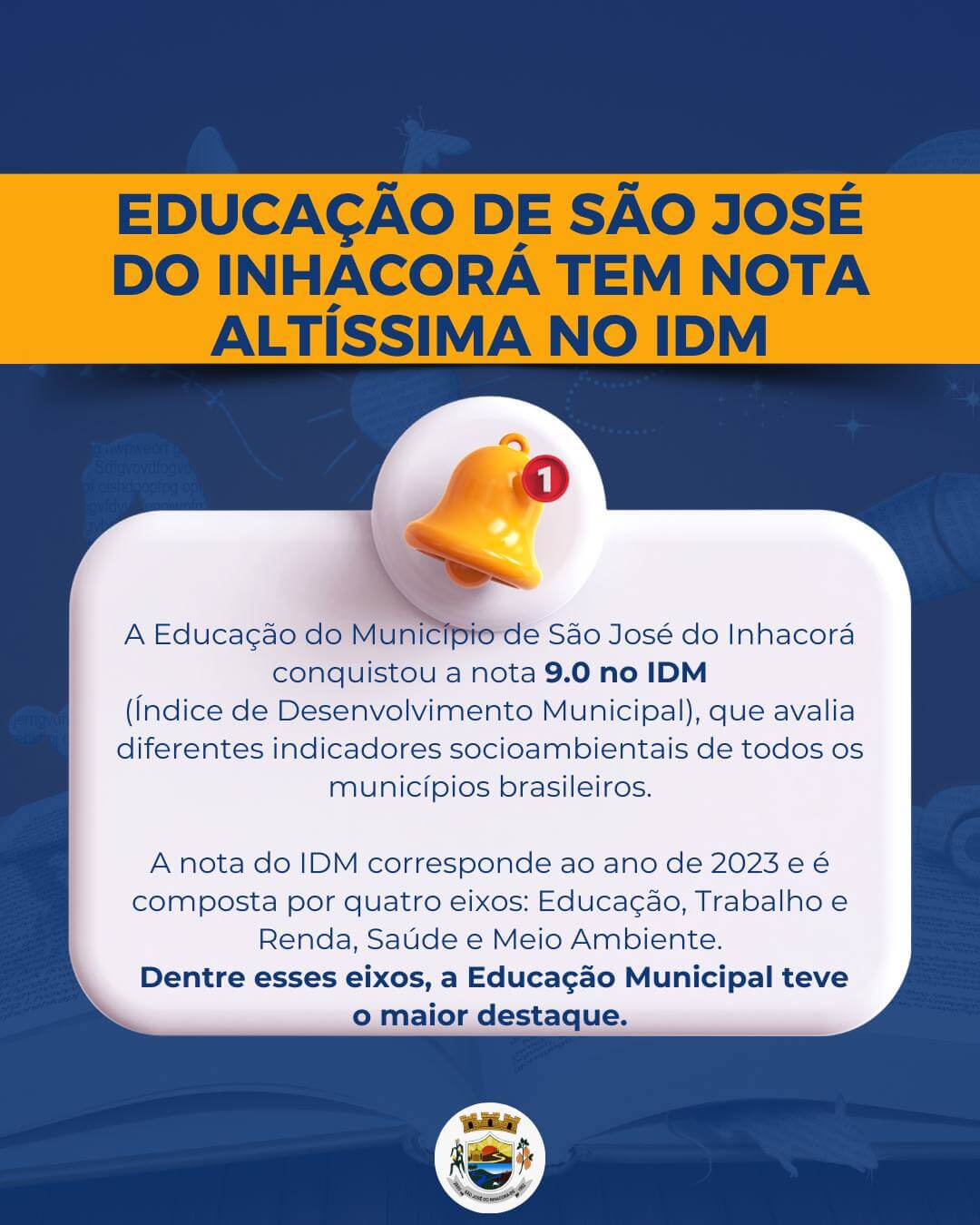 <p>EDUCA&Ccedil;&Atilde;O DE S&Atilde;O JOS&Eacute; DO INHACOR&Aacute; TEM NOTA ALT&Iacute;SSIMA NO IDM</p>