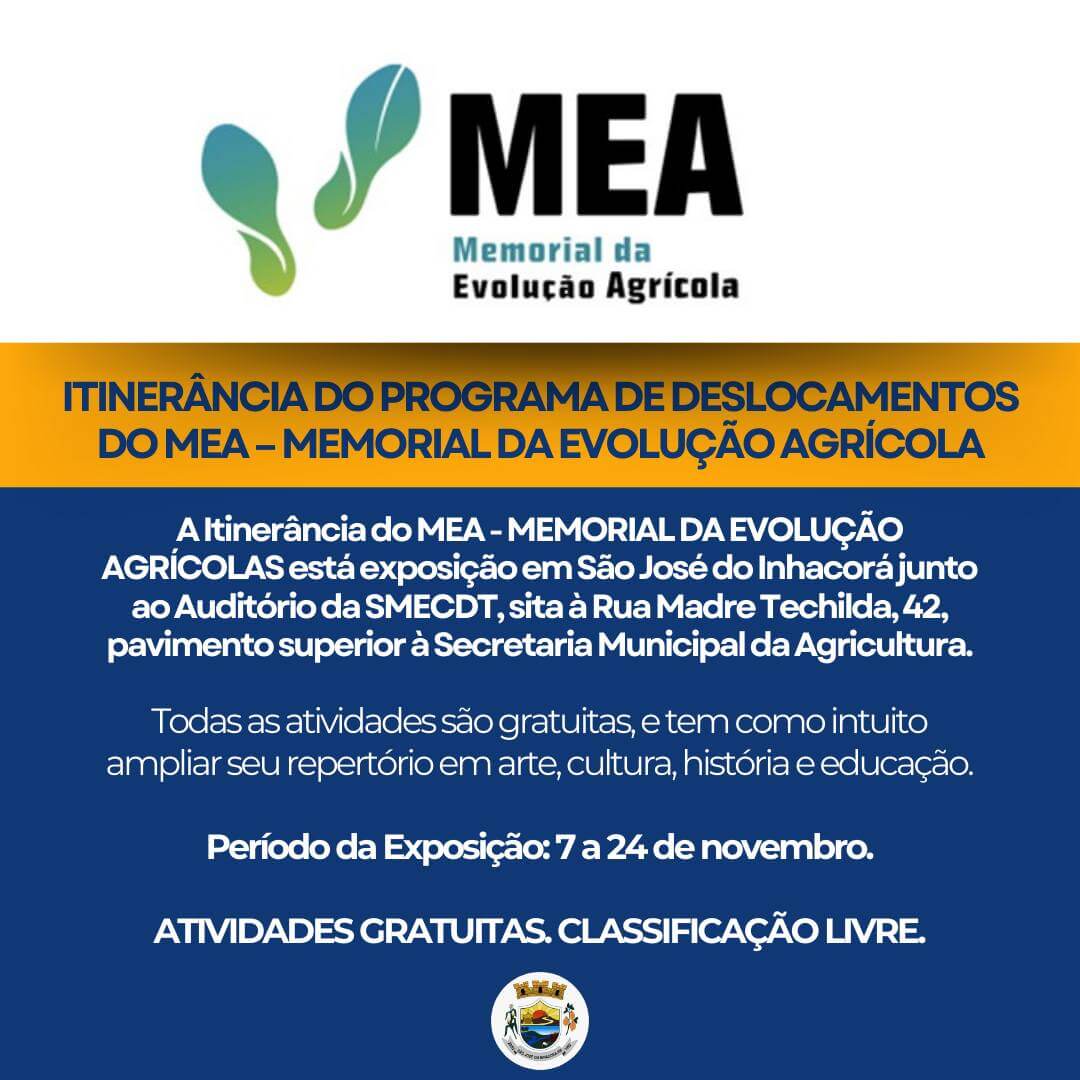 <p>ITINER&Acirc;NCIA DO PROGRAMA DE DESLOCAMENTOS DO MEA &ndash; MEMORIAL DA EVOLU&Ccedil;&Atilde;O AGR&Iacute;COLA</p>