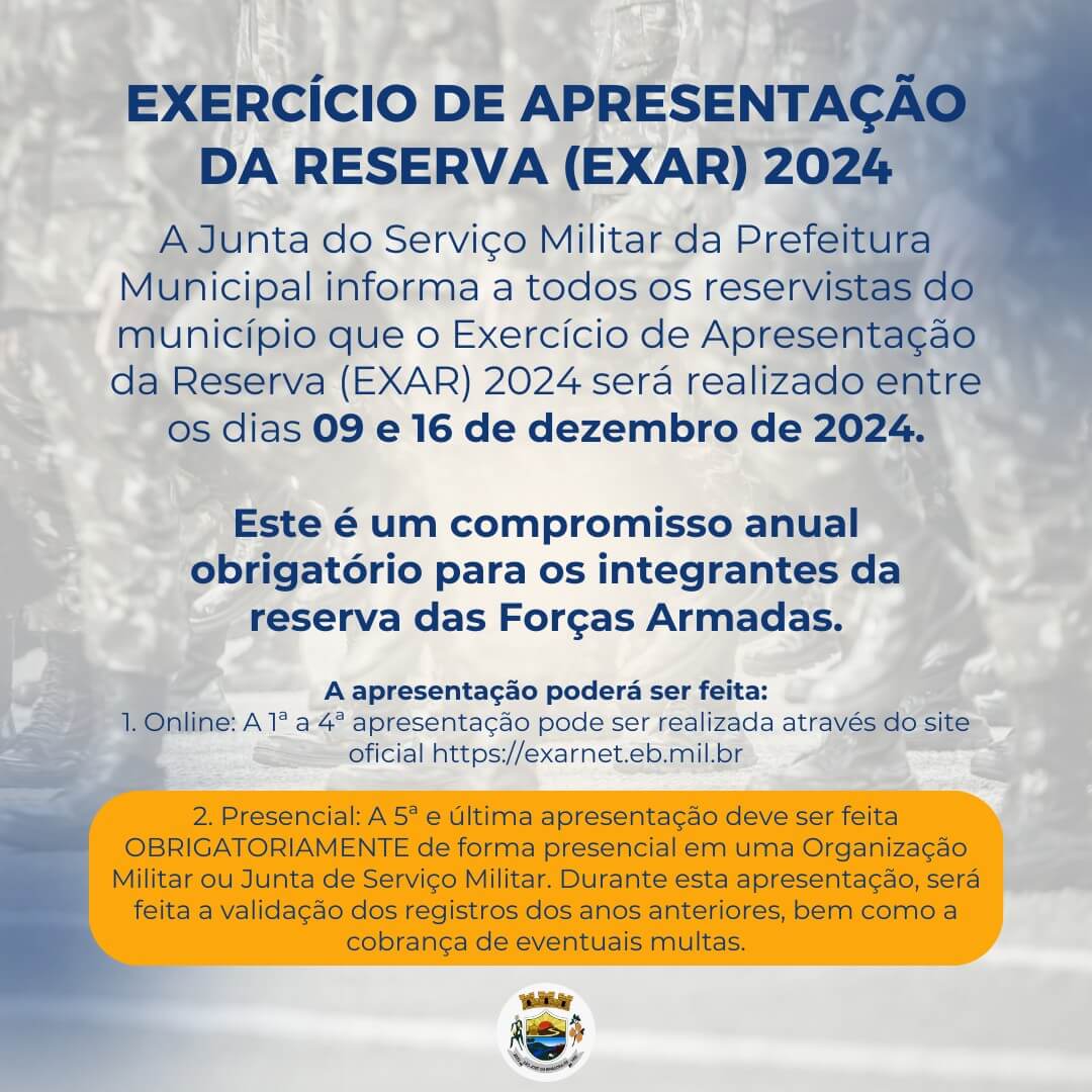 <p>EXERC&Iacute;CIO DE APRESENTA&Ccedil;&Atilde;O DA RESERVA (EXAR) 2024</p>