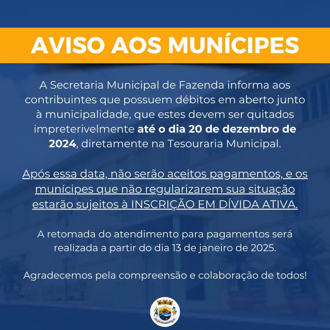 <p>AVISO AOS MUN&Iacute;CIPES - ACERTO DE D&Eacute;BITOS</p>