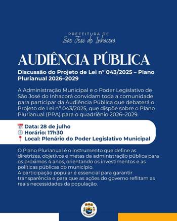 <p>Discuss&atilde;o do Projeto de Lei n&ordm; 043/2025 &ndash; Plano Plurianual 2026&ndash;2029</p>