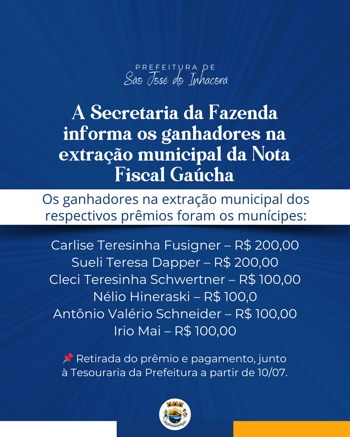 <p>Ganhadores na extra&ccedil;&atilde;o municipal da Nota Fiscal Ga&uacute;cha</p>
