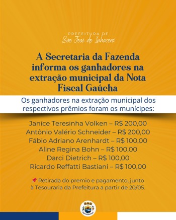 <p>Ganhadores na extra&ccedil;&atilde;o municipal da Nota Fiscal Ga&uacute;cha</p>