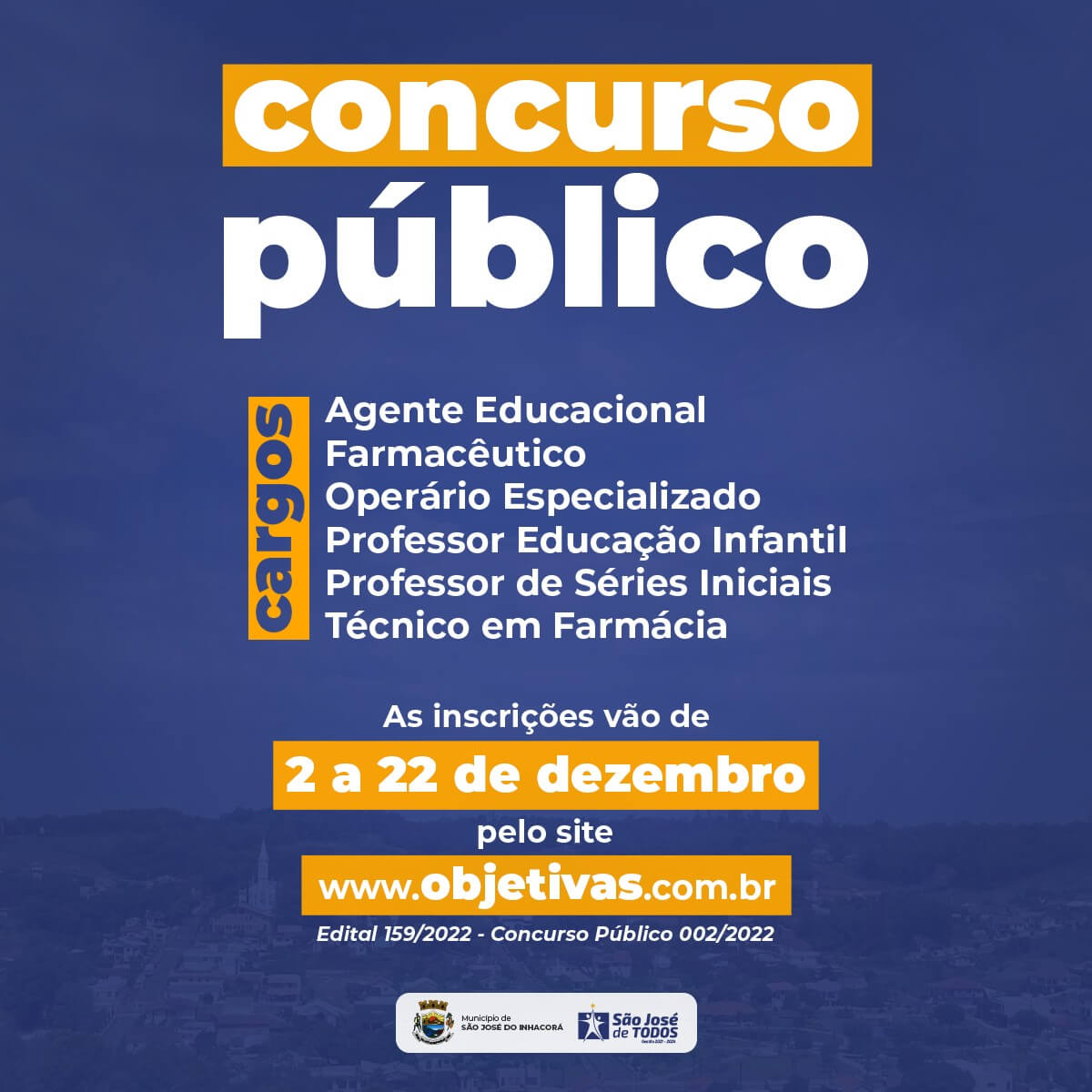 INSCRIÇÕES ABERTAS PARA CONCURSO PÚBLICO 002/2022
