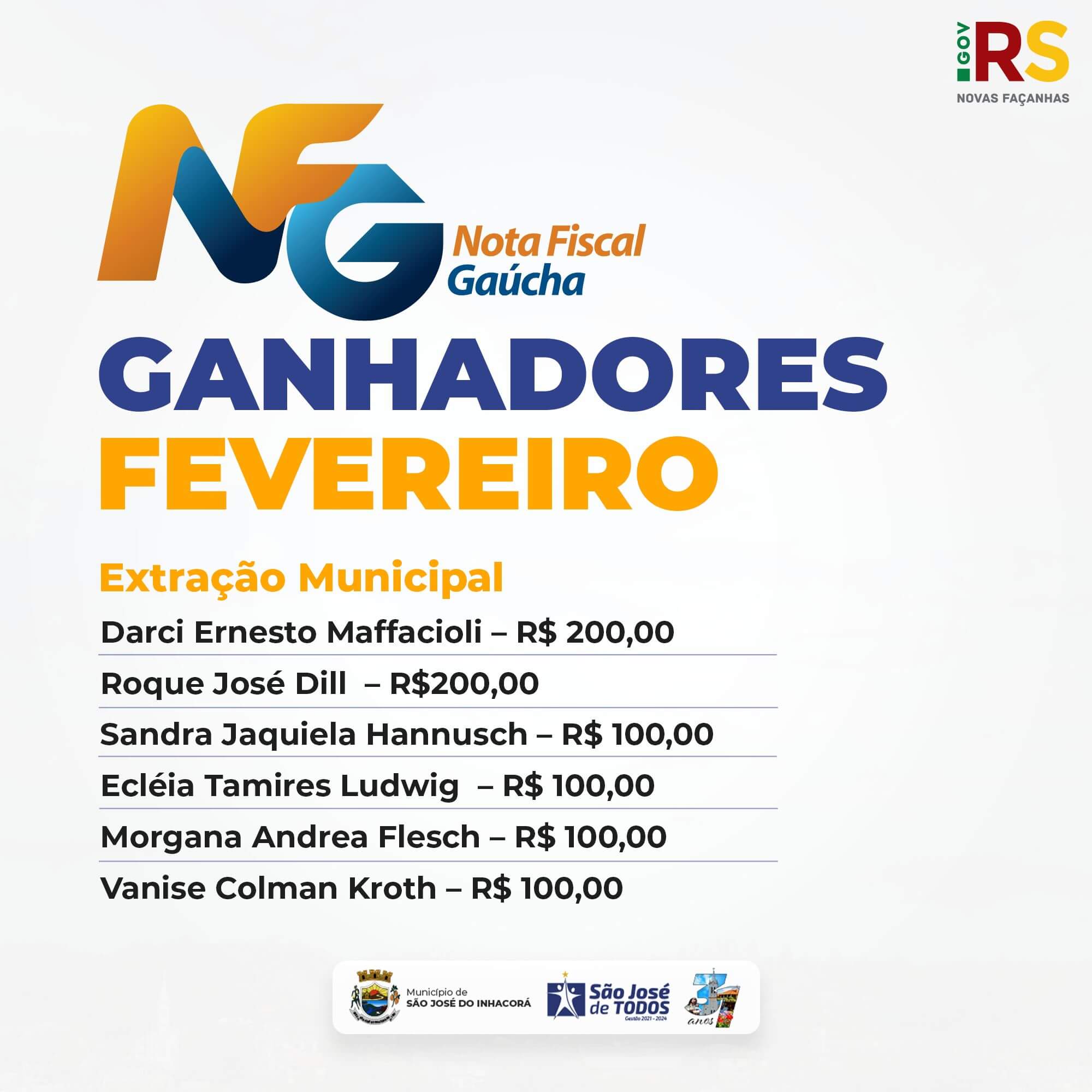 GANHADORES DAS NOTA FISCAL GAUCHA DE FEVEREIRO DE 2023