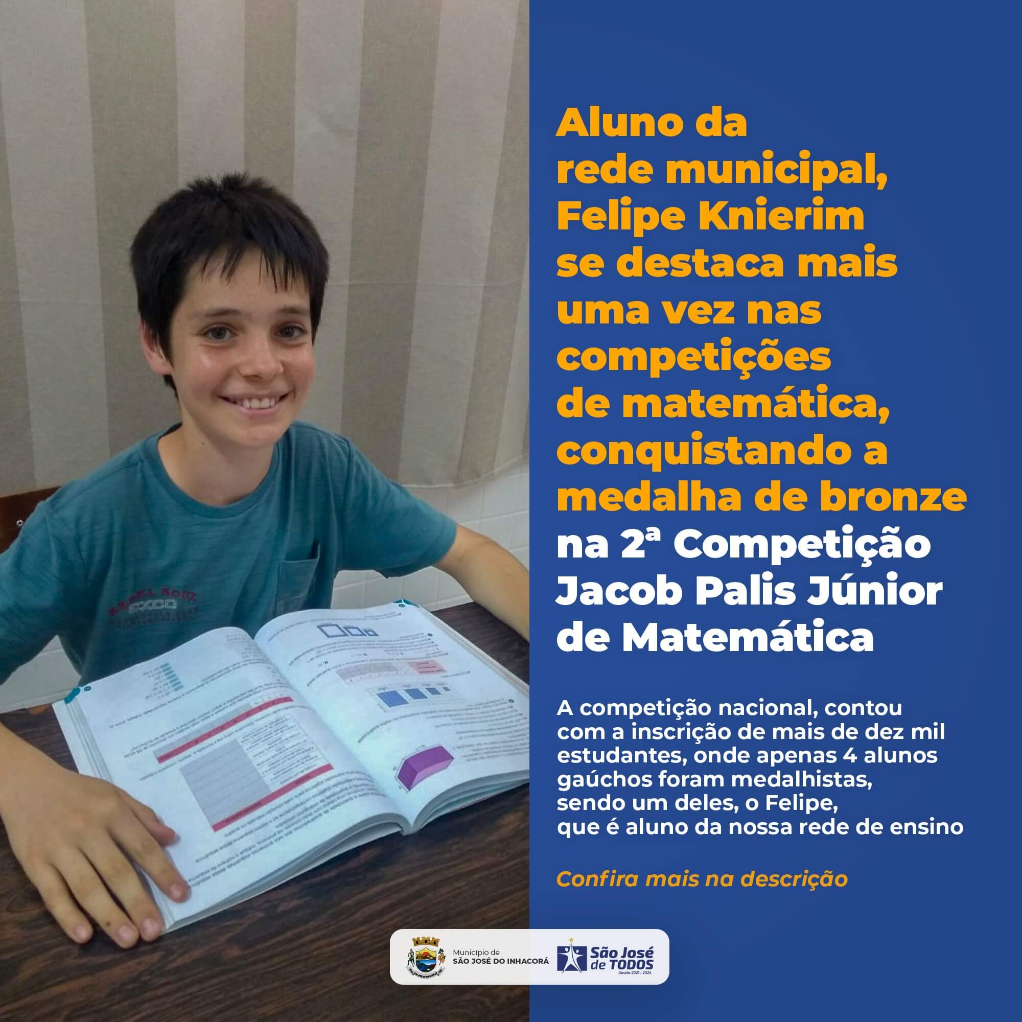 ALUNO DA REDE MUNICIPAL DE SÃO JOSÉ DO INHACORÁ SE DESTACA EM MATEMÁTICA